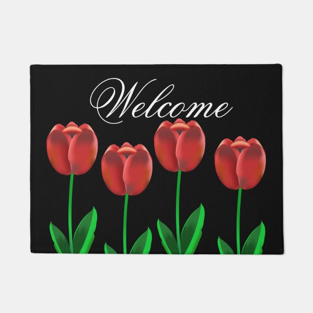 Paillasson Bienvenue aux Tulipes noires et rouges (Devant)