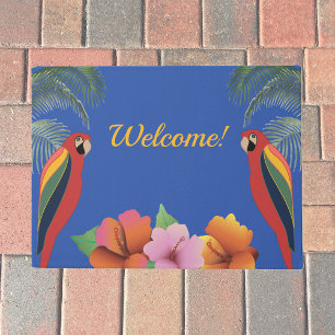 Paillasson Bienvenue avec perroquets tropicaux et fleurs d'hi