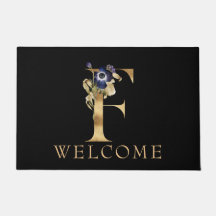 BIENVENUE Black and Gold Fall Monogram F Doormat