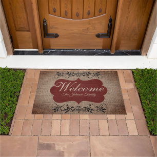Paillasson Bienvenue Burlap Vintage avec Étiquette rouge fonc