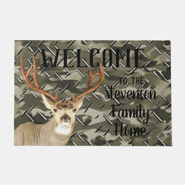 Paillasson Bienvenue Camo Deer Chasse Buck Antlers Nom de fam (Devant)