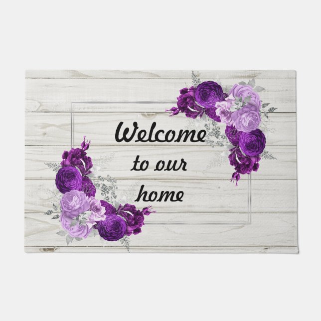 Paillasson Bienvenue dans notre maison fleurie violet  (Devant)
