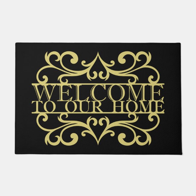 Paillasson Bienvenue Élégant À Notre Maison Gold Black Orname (Devant)