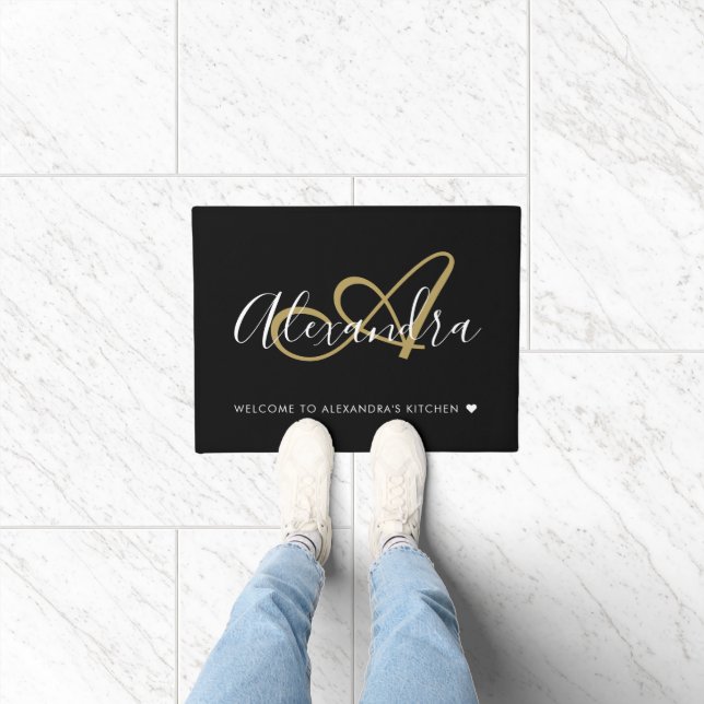 Paillasson Bienvenue Élégant Monogramme Noir Gold Nom de scri (Intérieur)