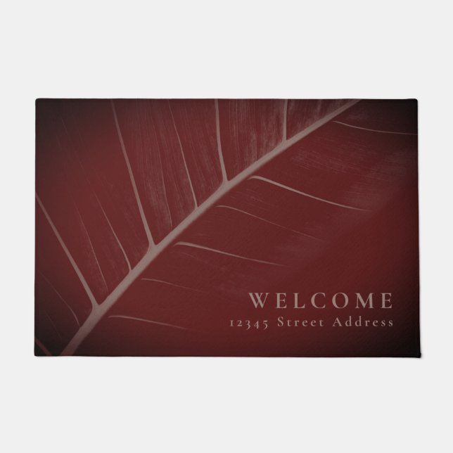 Paillasson Bienvenue et adresse | Feuille Macro grise et bord (Devant)