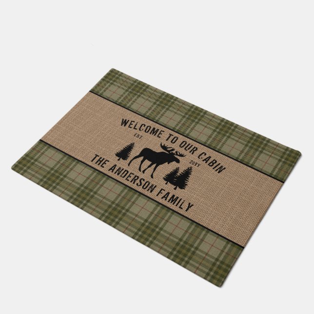 Paillasson Bienvenue Famille Cabine Moose Pine Green Plaid Bu (Incliné)