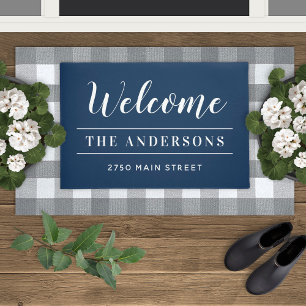 Paillasson Bienvenue Famille Navy Blue Nom et Adresse