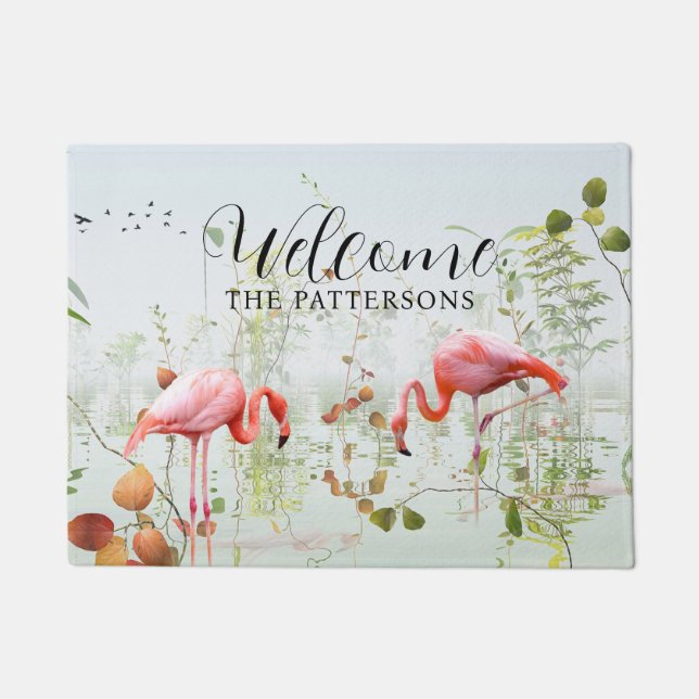 Paillasson Bienvenue Flamant rose tropical moderne Nom de fam (Devant)