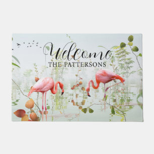 Paillasson Bienvenue Flamant rose tropical moderne Nom de fam