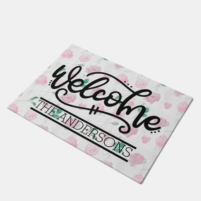 Paillasson Bienvenue Fleurs Roses Personnalisées (Incliné)