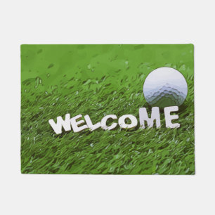Paillasson Bienvenue golfeur avec balle de golf sur herbe ver