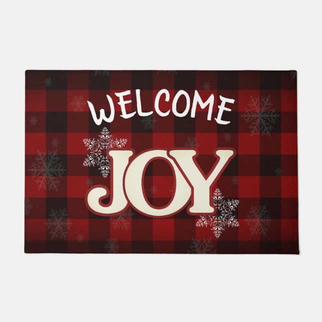Paillasson BIENVENUE JOY Elegant buffle rouge plaid Noël (Devant)