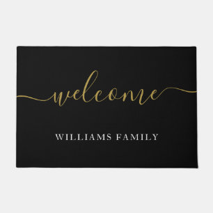 Paillasson Bienvenue moderne Black Gold Script Nom de famille