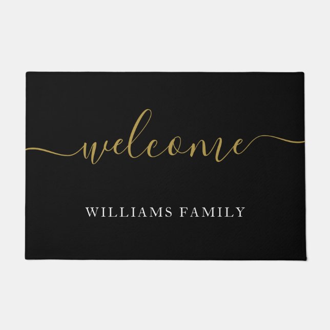Paillasson Bienvenue moderne Black Gold Script Nom de famille (Devant)