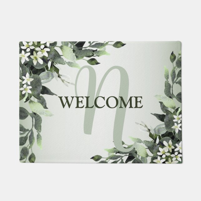 Paillasson Bienvenue Monogramme Vert Floral Eucalyptus Feuill (Devant)