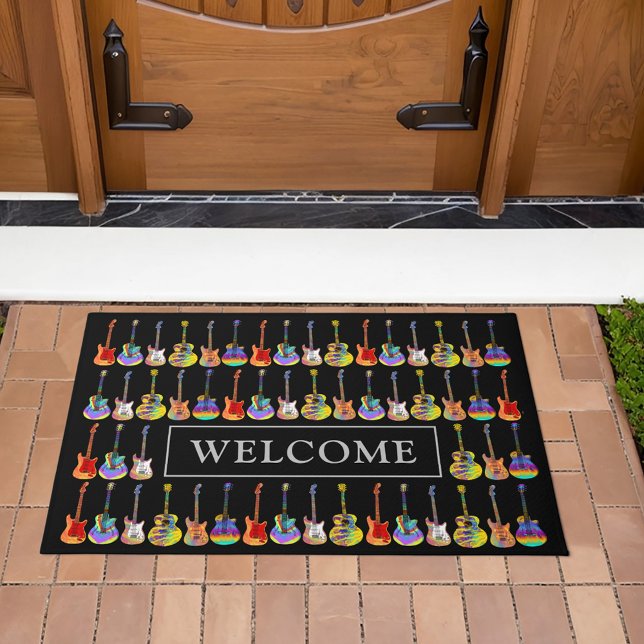 Paillasson Bienvenue motif de guitare coloré (Colorful guitar pattern welcome doormat for guitarists musicians music lovers and guitar teachers)