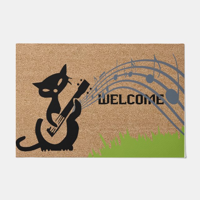 Paillasson Bienvenue Musicien Chat Noir Mat, Simple (Devant)
