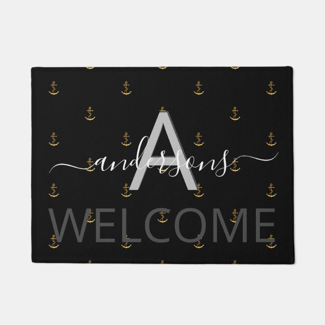Paillasson Bienvenue noir ancre or noir monogramme bateau nau (Devant)