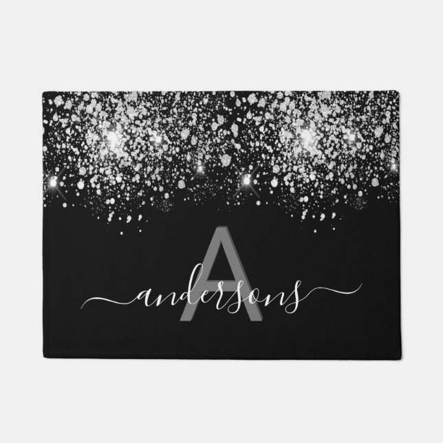Paillasson Bienvenue noir argent parties scintillant famille  (Devant)