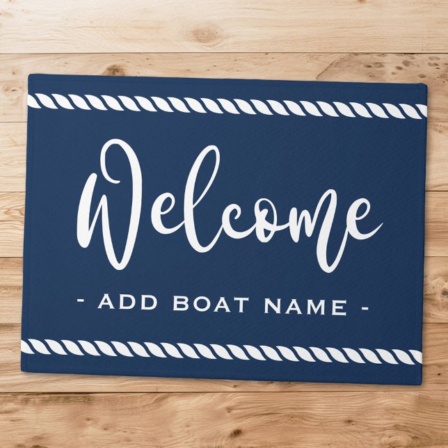Paillasson Bienvenue nom de bateau de la corde couleur bleu f (Welcome custom boat name rope border dark blue doormat)