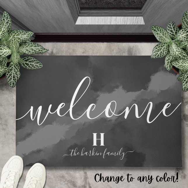 Paillasson Bienvenue Nom de famille personnalisé noir et blan (Welcome Black and White Personalized Family Name Doormat)
