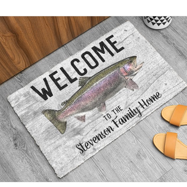Paillasson Bienvenue Pêche truite Nom de famille Maison chale (Rainbow Trout Fishing Family Welcome Doormat)