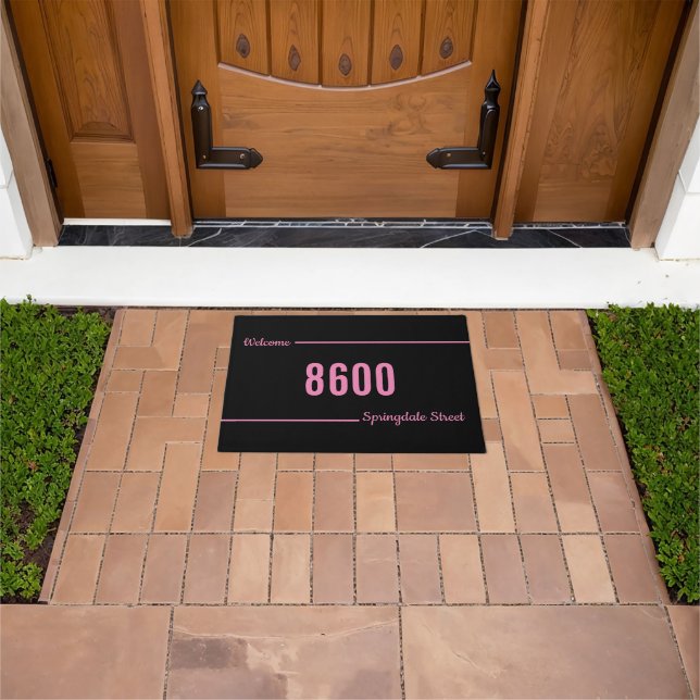 Paillasson Bienvenue Script Black and Pink Street Address (De plein air)