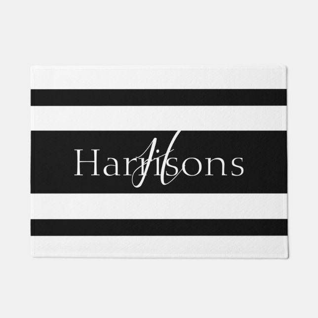Paillasson Bienvenue Stripes noir et blanc Famille Monogramme (Devant)
