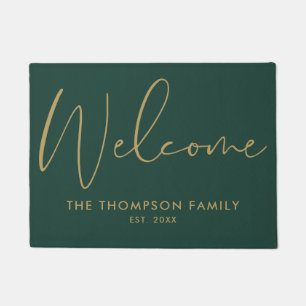 Paillasson Bienvenue Vert Émeraude Et Or Nom De Famille Perso