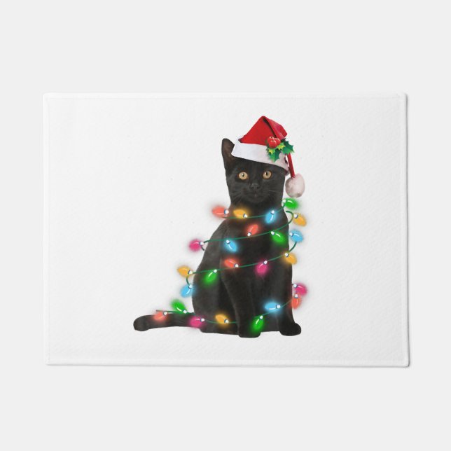 Paillasson Black Cat With Santa Hat Christmas Lights (Devant)