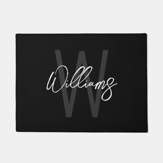 Paillasson Black Modern Script Personnalisé Monogramme et nom (Devant)