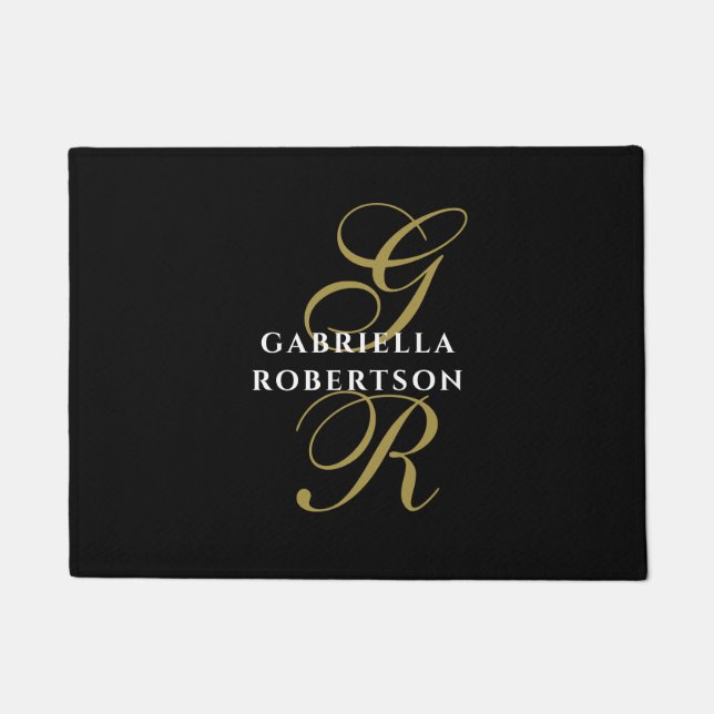 Paillasson Black Monogram Gold White Name Minimalist Elegant  (Devant)