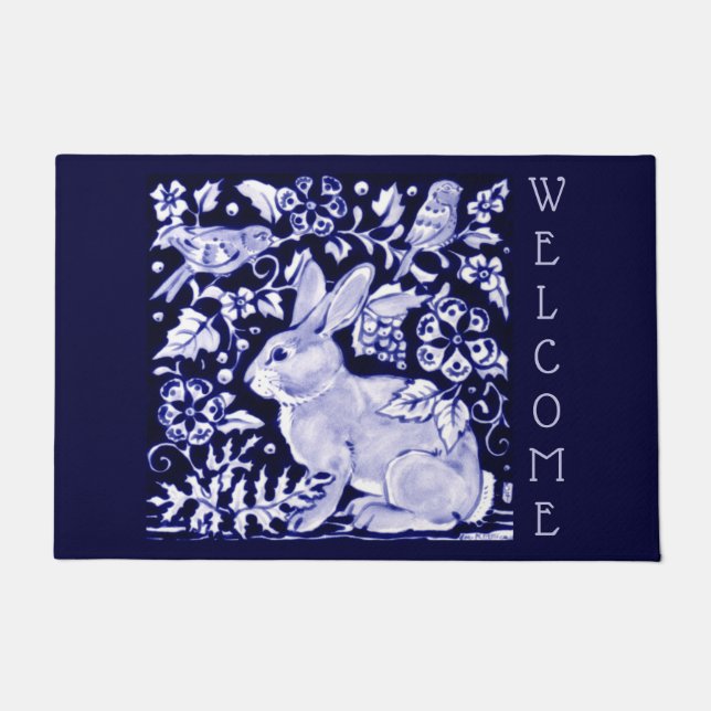 Paillasson Bleu & Blanc Rabbit Oiseau Bienvenue Floral Dedham (Devant)