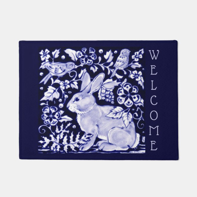 Paillasson Bleu & Blanc Rabbit Oiseau Bienvenue Floral Dedham (Devant)