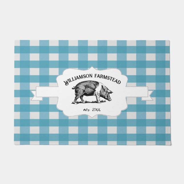 Paillasson Bleu Buffalo Plaid Farm Pig Doormat (Devant)