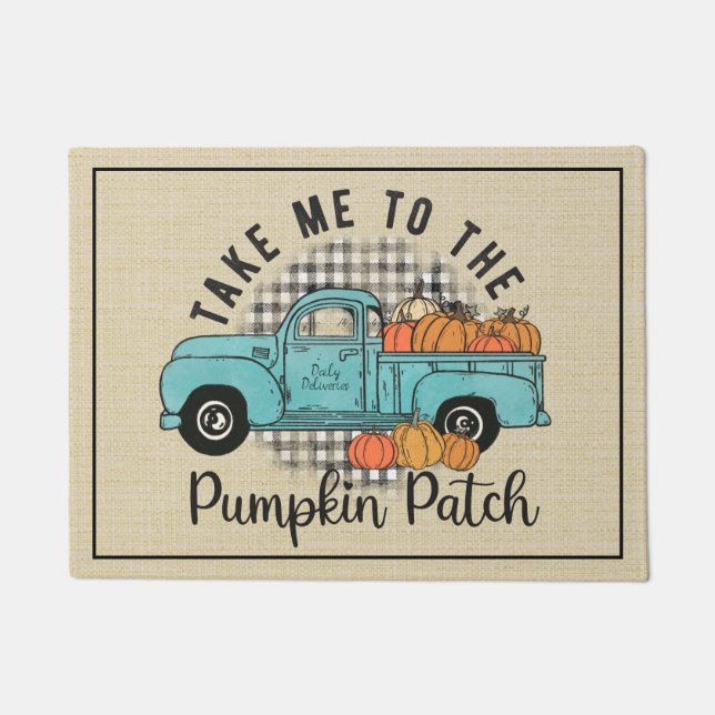 Paillasson Bleu Camion Citrouille Patch Buffalo Plaid Automne (Devant)