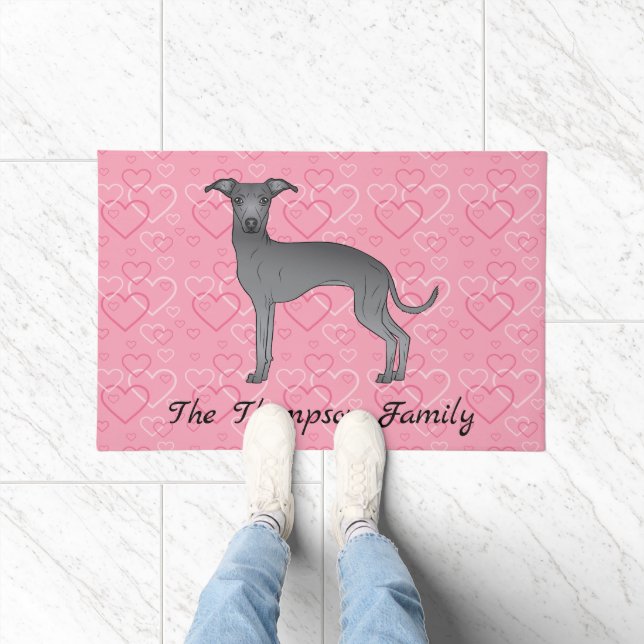 Paillasson Bleu Italien Greyhound Chien mignon Sur Coeur Rose (Intérieur)