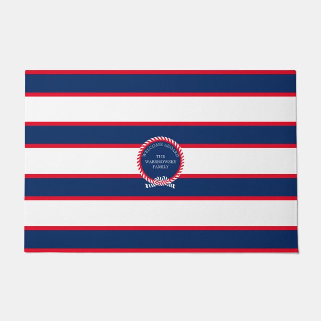 Paillasson Bleu Marine Bleu Rouge Monogramme Nautique Bande (Devant)