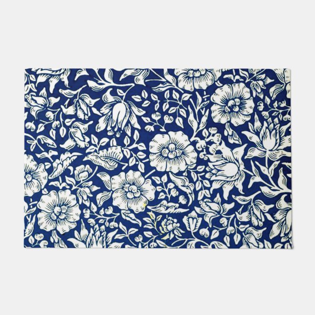 Paillasson Bleu, marine et profil floral blanc, (Devant)