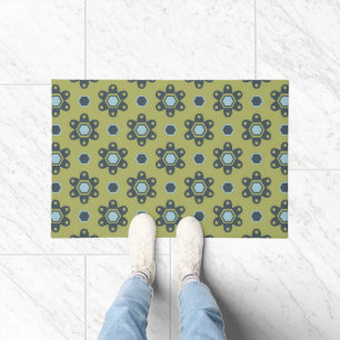 Paillasson Bleu rétro et marguerites noires sur motif floral