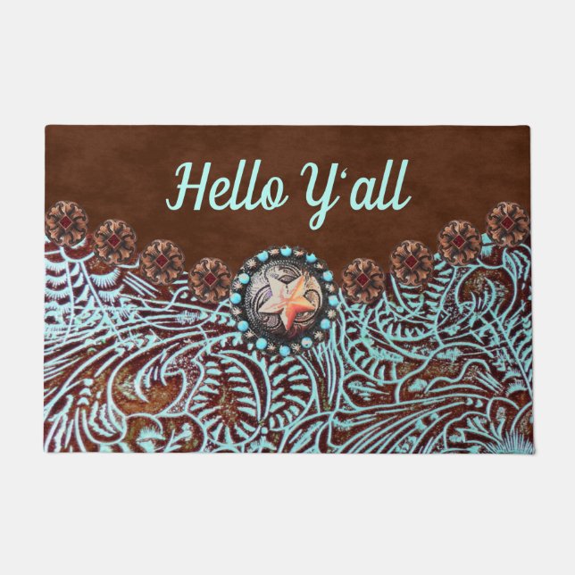 Paillasson bleu turquoise brun western cowboy hello y'all (Devant)