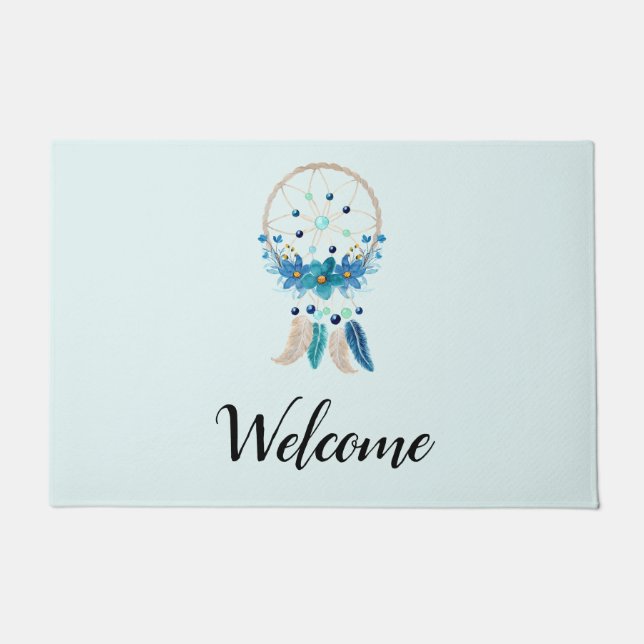 Paillasson Blue Dreamcatcher Design Boho élégant Bienvenue (Devant)