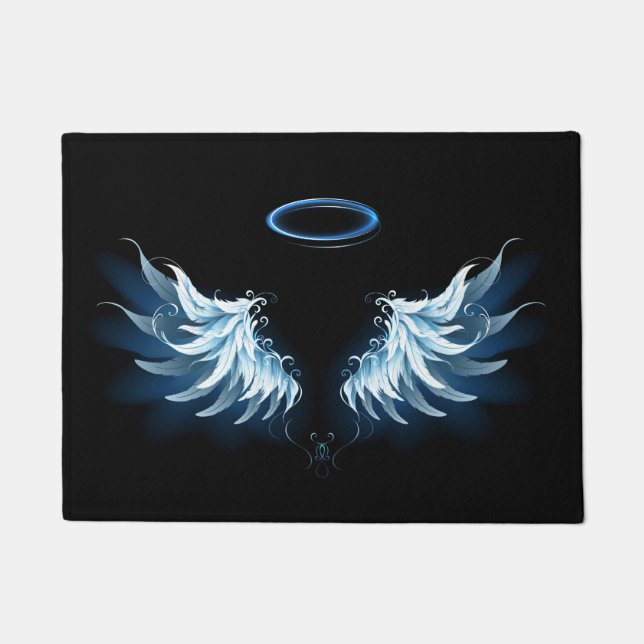 Paillasson Blue Glowing Angel Wings on black background (Devant)