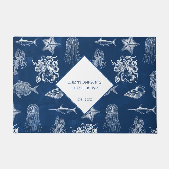 Paillasson Blue Ocean Marine Animaux Motif Beach House (Devant)