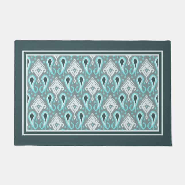 Paillasson Bohemian Aqua Turquoise Ikat Motif d'art tribal (Devant)