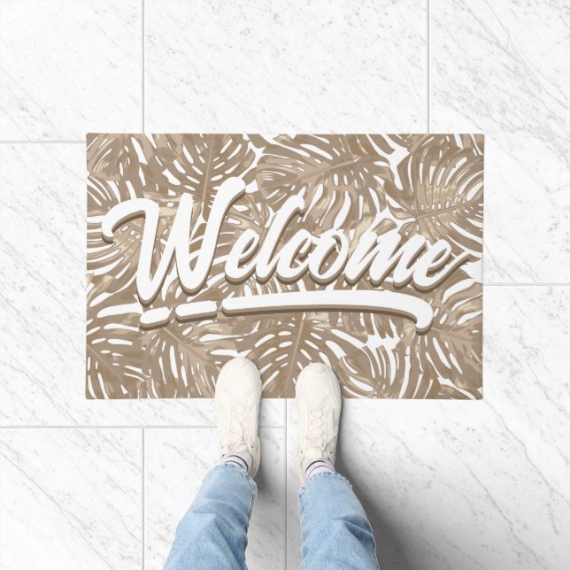 Paillasson Boho Bienvenue Feuilles tropicaux Sisal Brown (Intérieur)