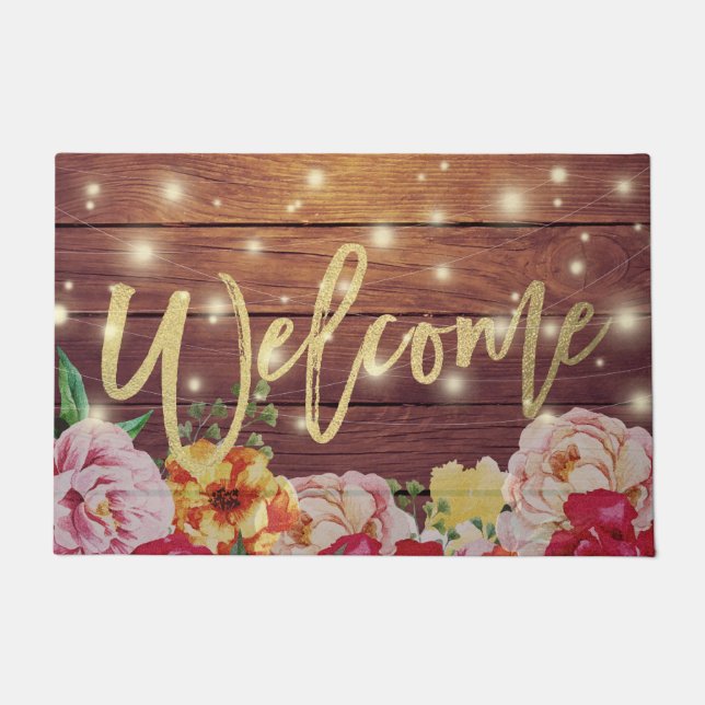 Paillasson Bois Floral Chaîne Lumières Or Script Welcome Mats (Devant)