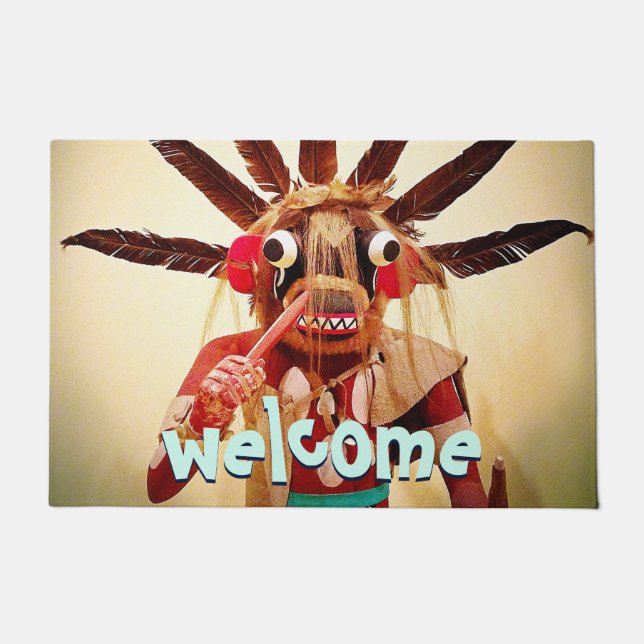 Paillasson Bois Kachina Poupée drôle Visage Bienvenue Typogra (Devant)