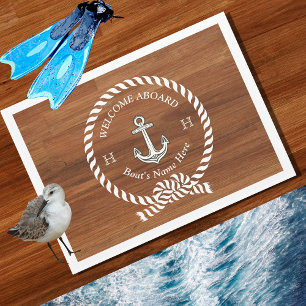 Paillasson Bois rustique Nom du bateau nautique Ancre Corde B