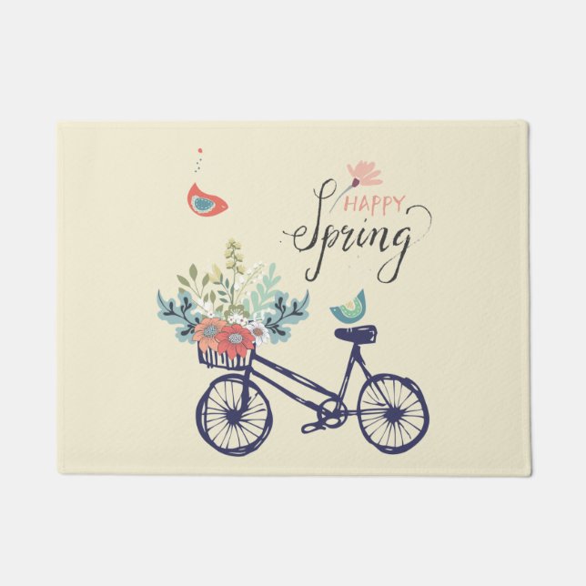 Paillasson Bon design printemps : vélo, fleurs et oiseaux (Devant)